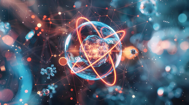 A split atom with various scientific symbols radiating from it. symbolizing scientific knowledge. A creative concept for science education or world science