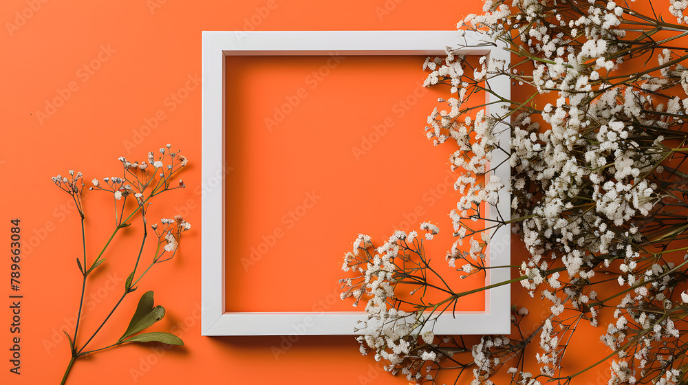 Poster a square white frame surrounded by small flowers on the right against an orange background. a flat l