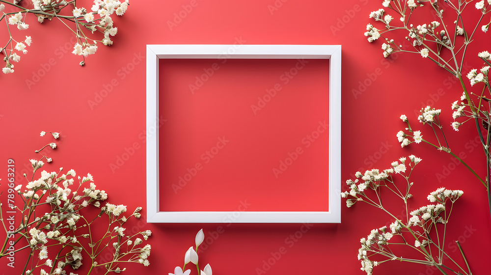 Poster a square white frame surrounded by small flowers on the right against a red background. a flat lay t