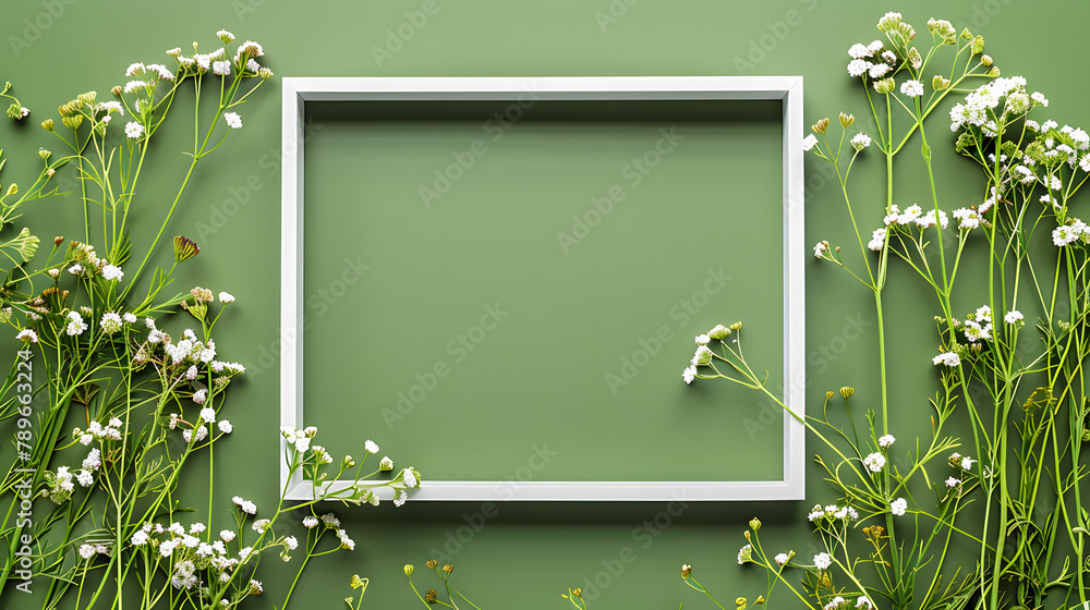 Poster a square white frame surrounded by small flowers on the right against a green background. a flat lay