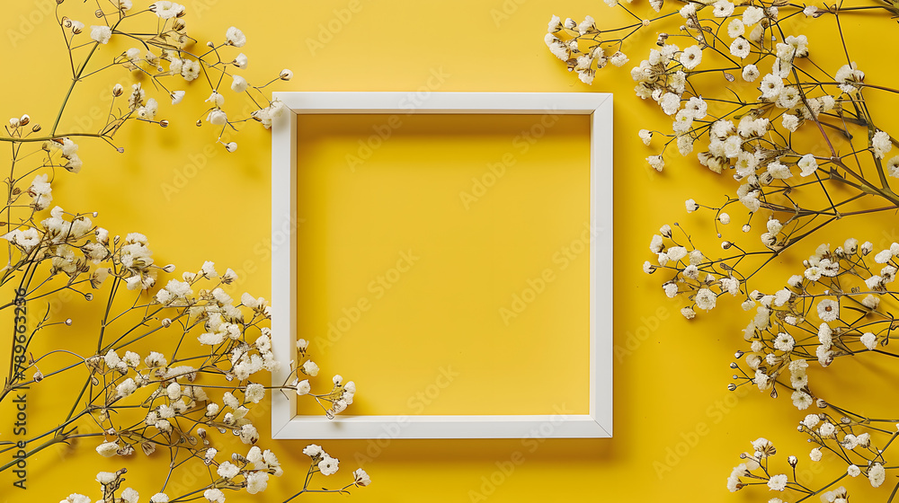 Poster a square white frame surrounded by small flowers on the right against a yellow background. a flat la