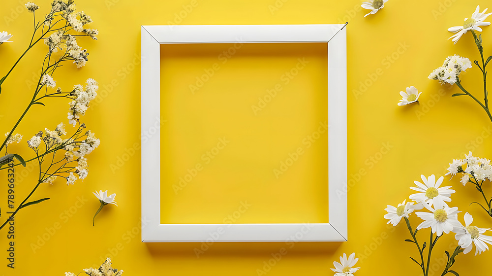Poster a square white frame surrounded by small flowers on the right against a yellow background. a flat la
