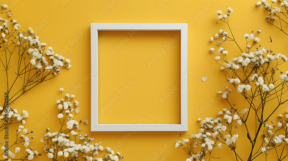 Poster a square white frame surrounded by small flowers on the right against a yellow background. a flat la