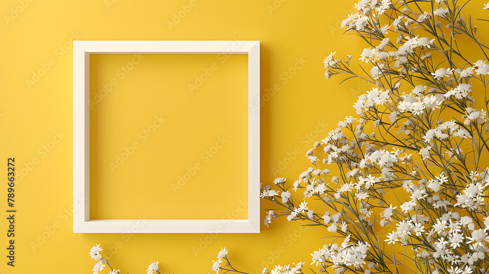 Poster a square white frame surrounded by small flowers on the right against a yellow background. a flat la