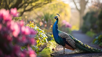 A striking peacock displaying its magnificent tail, the vibrant colors and intricate patterns fanning out to create a breathtaking spectacle of natural beauty.