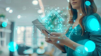 businesswoman using tablet with creative house chip circuit hologram on blurry office interior background and blue bokeh circles. Smart home, hardware and futuristic technology concept.