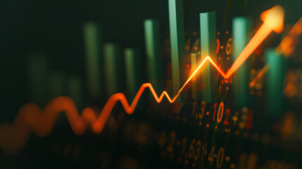 Fototapeta premium A stock market graph with an upward arrow. indicating growth and opulence. The background is dark green and black