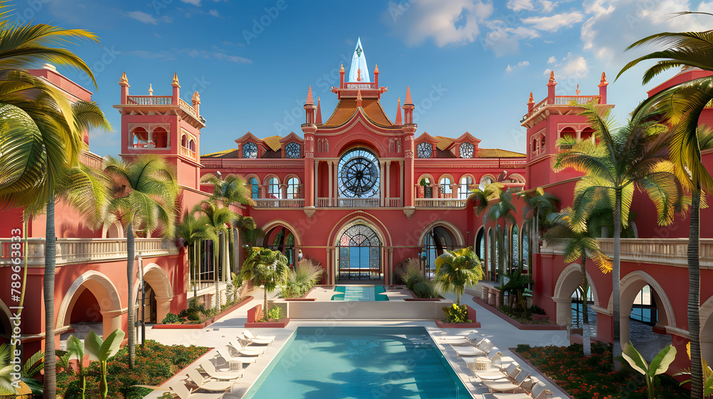 Poster a stunning red palace with large windows and arches. on the front of it is an impressive crystal clo