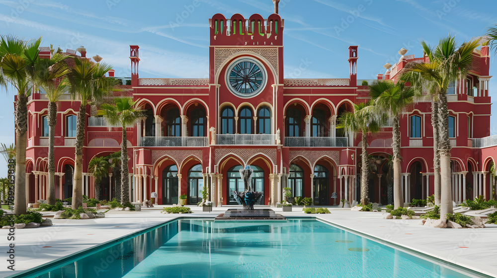 Poster a stunning red palace with large windows and arches. on the front of it is an impressive crystal clo