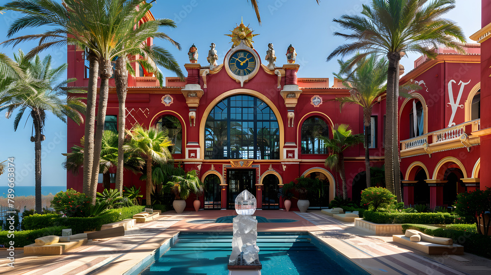 Poster a stunning red palace with large windows and arches. on the front of it is an impressive crystal clo