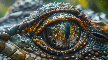Closeup of a crocodiles eye on a green background