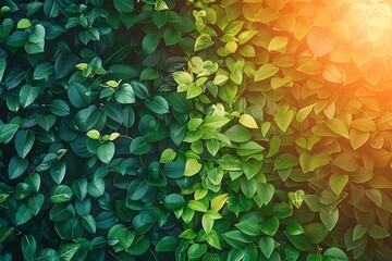 Vertical Garden, Green Leaf Seamless Pattern Background Textured and Orange Sun Light Shades at The Corner with Copyspace to input . - obrazy, fototapety, plakaty