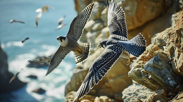 A striking image of a peregrine falcon in mid-dive, its powerful wings tucked as it speeds towards its prey with unmatched precision.