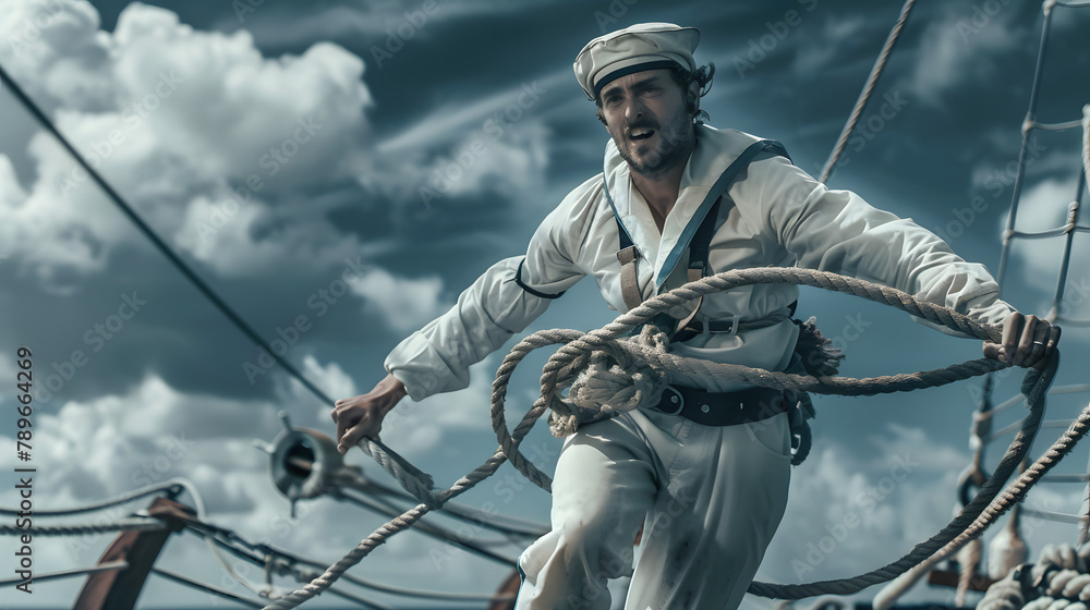 Poster a theatrical snapshot of a sailor sprinting with a rope in his hands. he is carrying many navigation