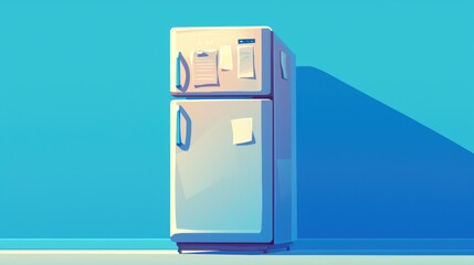 A broken fridge is among the household appliances in need of repair at home as indicated by the notes on the sign This 2d illustration features a white refrigerator against a blue wall back