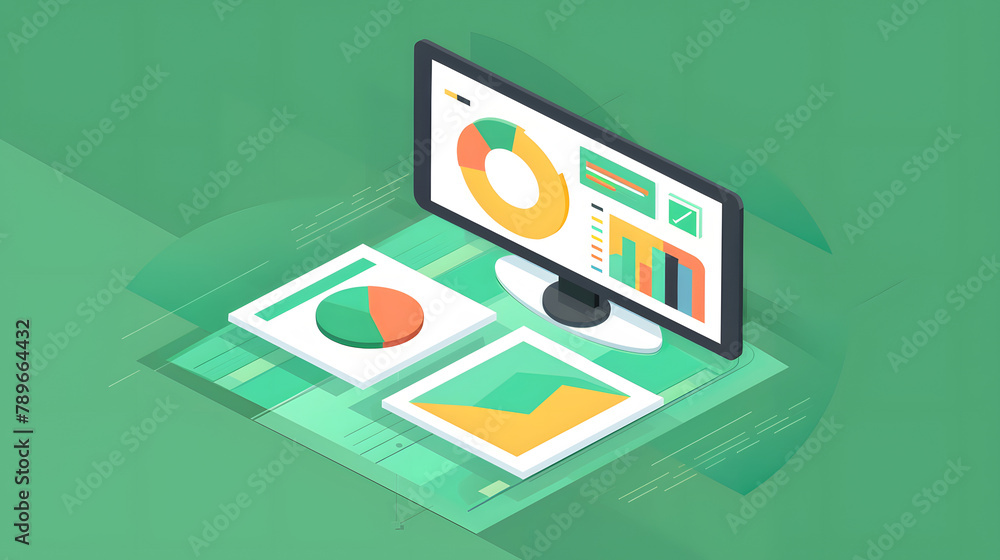 Poster a tidy vector illustration of an isometric assembly with pie charts. bar graphs
