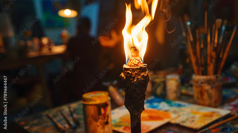 Poster a torch burning brightly up close. encased by artists sitting around a studio table with canvases an