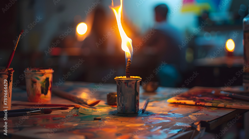 Poster a torch burning brightly up close. encased by artists sitting around a studio table with canvases an
