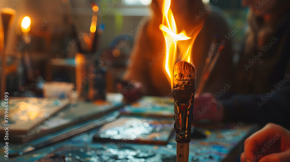 Poster a torch burning brightly up close. encased by artists sitting around a studio table with canvases an