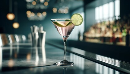 Cosmopolitan with a twist of lime, served on a modern bar, sleek surfaces, focus on the refreshing look of the drink.. AI generated. - obrazy, fototapety, plakaty