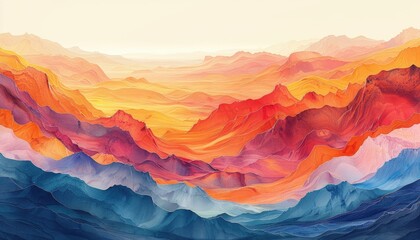 Colorful panorama of mountains landscape painting, print, hills art colored paints. Beautiful mountains and sunrise or sunset in the desert, sea, waves illustration. Stylized art mountains abstraction