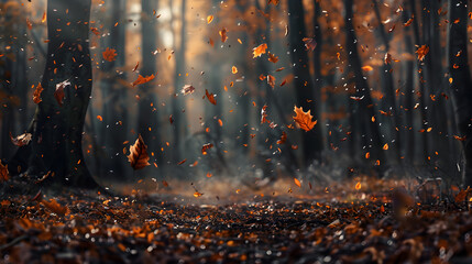 A tranquil forest in autumn with leaves falling. minimalistic