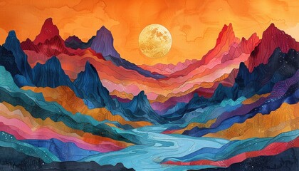 Colorful panorama of mountains landscape painting, print, hills art colored paints. Beautiful mountains and sunrise or sunset in the desert, sea, waves illustration. Stylized art mountains abstraction