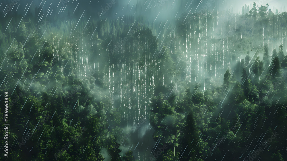 Poster a vast forest stretching across the land. with most of its depth shrouded in mist and only the outer