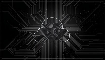 graphics of cloud made from circuit board graphic logo on black background, in the style of white lines only Generative AI