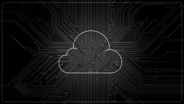 graphics of cloud made from circuit board graphic logo on black background, in the style of white lines only Generative AI