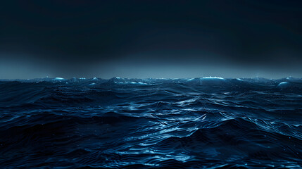 A vast ocean at twilight with bioluminescent creatures beneath the surface. minimalistic