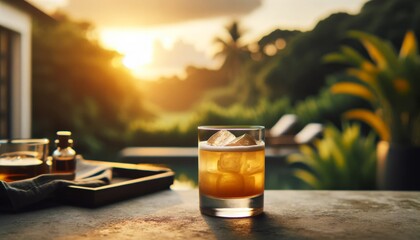 Whiskey Sour on an outdoor terrace at sunset, focus on the drink with soft natural light, blurred greenery in the background.. AI generated. - obrazy, fototapety, plakaty