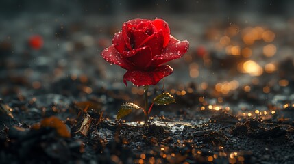 A beautiful red rose with water droplets, a flowering plant growing in the soil - obrazy, fototapety, plakaty