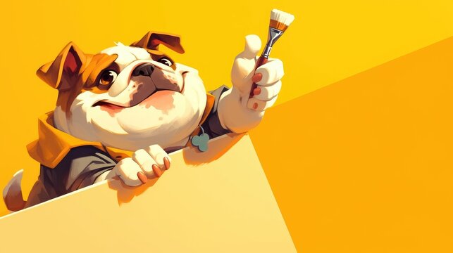A charismatic cartoon mascot a bulldog that doubles as a painter decorator playfully peeks around a sign with a paintbrush in hand giving a cheerful thumbs up