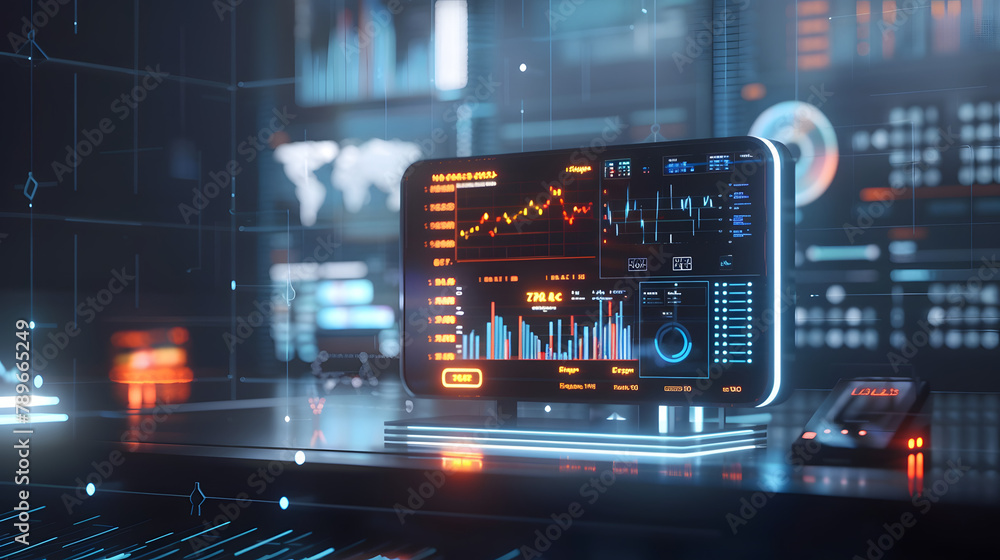 Poster a virtual depiction of a futuristic data station exhibiting live figures and analysis. with 3d diagr