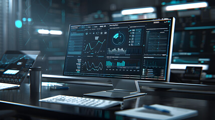 Naklejka premium A virtual art of an advanced workstation displaying live data and assessments. with holographic data visualizations levitating over the interface.