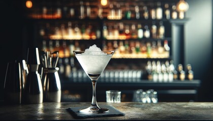Classic Daiquiri in a chilled cocktail glass, focus on the crystal clear appearance, bar blurred in the background.. AI generated. - obrazy, fototapety, plakaty