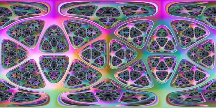 A bright geometric triangular fractal in a 360 spherical panorama.