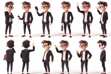 Male teacher character set. The teacher points with his hand at something, poses, looks at the smartphone 3D avatars set vector icon, white background, black colour icon