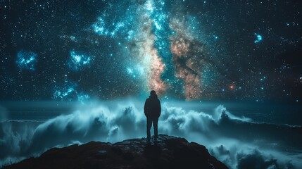 a person is standing on top of a mountain looking at the night sky