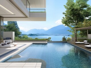 A large pool with a view of the mountains and a lake. The pool is surrounded by a deck and a patio area