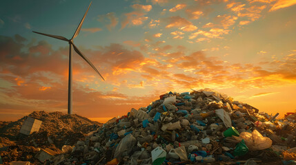 A windmill spins above a limitless mound of plastic waste. symbolizing the environmental impact and the beauty of renewable energy. The sky is orange with white cirrus clouds - obrazy, fototapety, plakaty