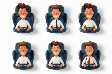 Male driver dozing or fell asleep at the wheel of a car. Sleep while driving a vehicle. Dangerous behavior on the road leading to a car accident. 3D avatars set vector icon, white background, black co