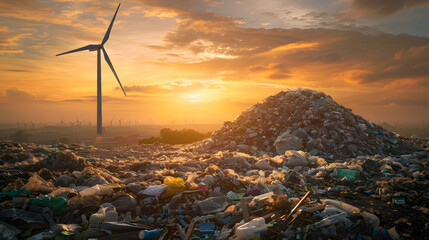 A windmill spins above a limitless mound of plastic waste. symbolizing the environmental impact and the beauty of renewable energy. The sky is orange with white cirrus clouds