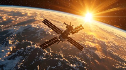 Obraz premium A space station orbiting Earth, silhouetted against the vast, dark expanse of space, a symbol of human achievement and exploration.