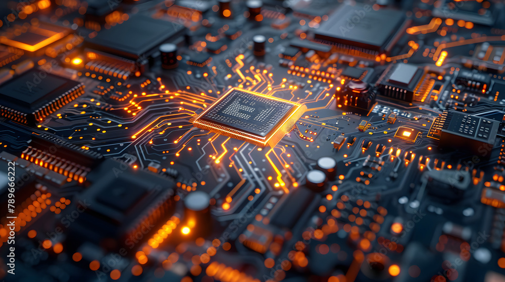 Poster a zoomed-in perspective of an advanced microchip on the system board. exhibiting its detailed config