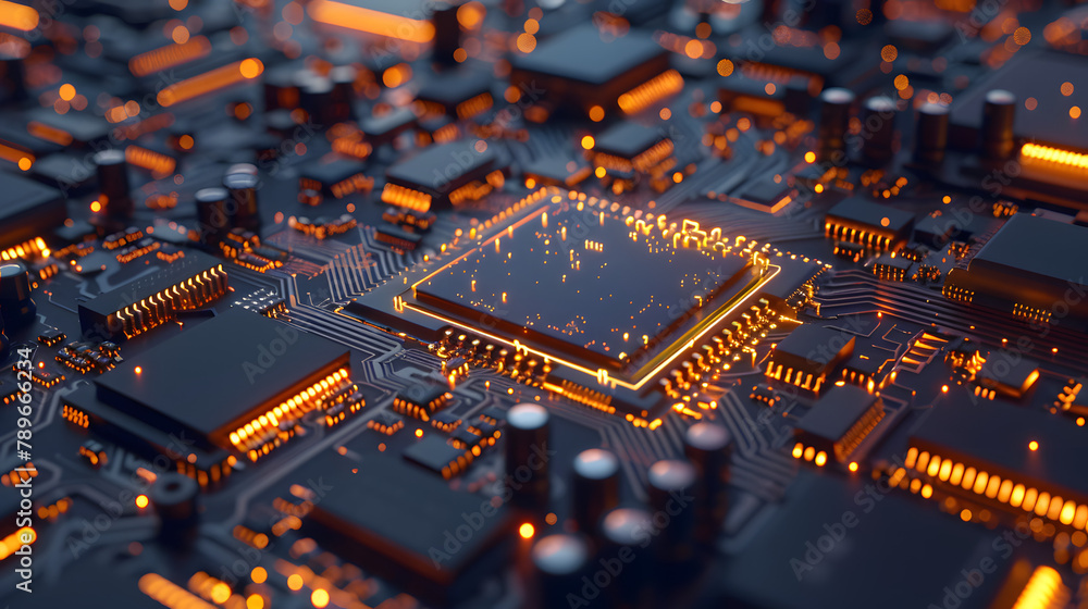 Poster a zoomed-in perspective of an advanced microchip on the system board. exhibiting its detailed config