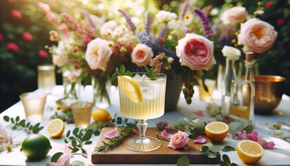 French 75 served at a garden party, surrounded by flowers, focus on the drink with natural light.. AI generated. - obrazy, fototapety, plakaty