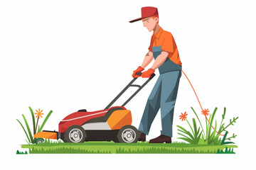 Man cuts the lawn with a lawn mower in the garden. Gardener. Vector illustration 3D avatars set vector icon, white background, black colour icon