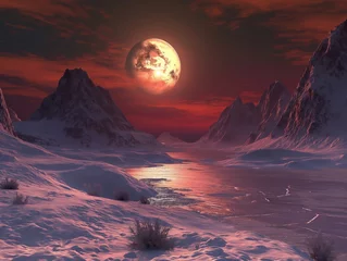 Fotobehang A large moon is in the sky above a snowy landscape. The moon is surrounded by mountains and a river. The scene is peaceful and serene, with the moonlight reflecting off the water and the snow © MaxK